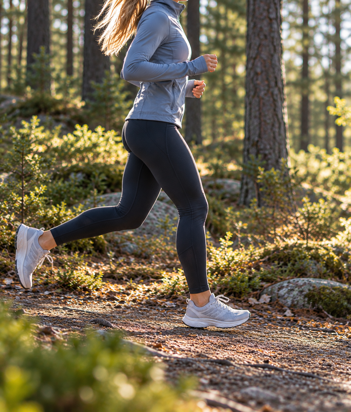 Nainen juoksee metsäpolulla