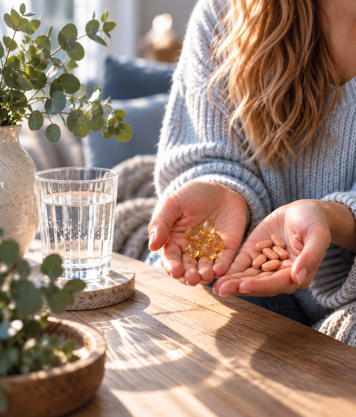 Kämmenillä vitamiinitabletteja ja omega-3-kapseleita, vieressä vesilasi